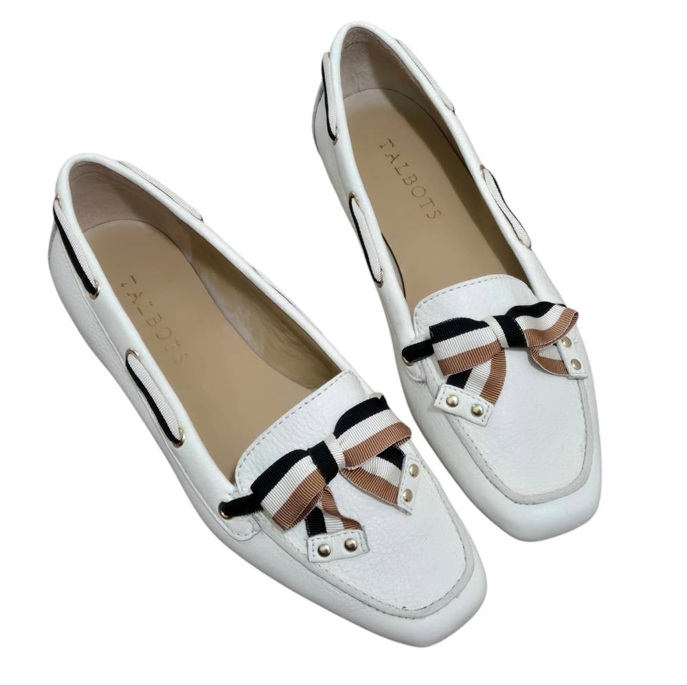Talbots White Flats with Black and Tan Bow
